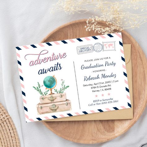 Travel Themed 30th Birthday Party, Travel Theme Graduation Party, Travel Retirement Party Ideas, Bon Voyage Party, Fun Sleepover Games, Vintage Travel Themes, Vintage Graduation, Cool Stationery, Navy And Blush