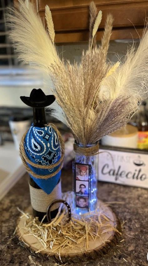 Cowboy Birthday Table Decor, Western Graduation Centerpieces, Western Theme Decorating Ideas, Rodeo Centerpieces Cowboys, Tejano Party Theme, Cowboy Theme Centerpieces Ideas, Blue Cowboy Party, Tequila Centerpiece Ideas For Men, Simple Western Centerpieces