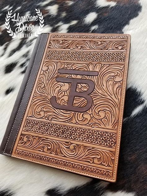 Leather Tooled Portfolio, Tooled Leather Checkbook Cover, Tooled Leather Notebook Cover, Tooled Bible Cover, Leather Bible Cover Patterns, Handmade Leather Work, Leather Embossing, Custom Leather Work, Leather Goodies