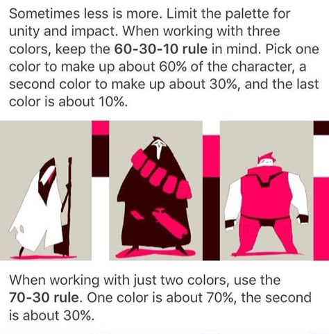 Mix it up with the color palette, try the 60/30/10 rule. Y0% one color, 30% another, 10% of the last. Or try 70/30, if you want to keep it more limited Character Design Guide, Monochrome Character Design, Character Design Tips, Art Advice, Design Concepts, Drawing Tutorials, Digital Art Tutorial, Art Studies, Art Tips