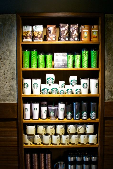 Starbucks Merchandise Display, Starbucks Shop, Starbucks Merchandise, Beverage Dispensers, Coffee Aesthetic, Merchandising Displays, Espresso, Lenses, Cafe