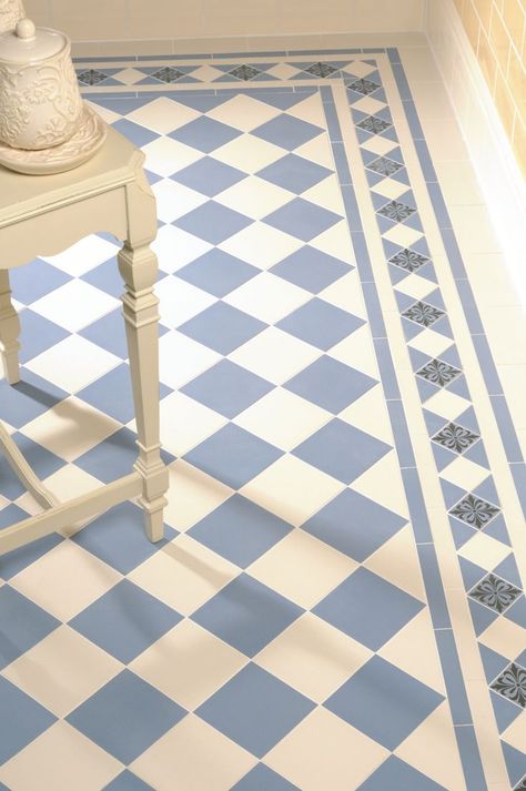 Victorian Floor Tiles - Dorchester pattern in Dover White and Blue with modified Kingsley border Hall Tiles, Decoration Hall, Checkered Floor, Victorian Hallway, Victorian Tile, Victorian Floor Tiles, Hall Flooring, Tiled Hallway, Victorian Floor