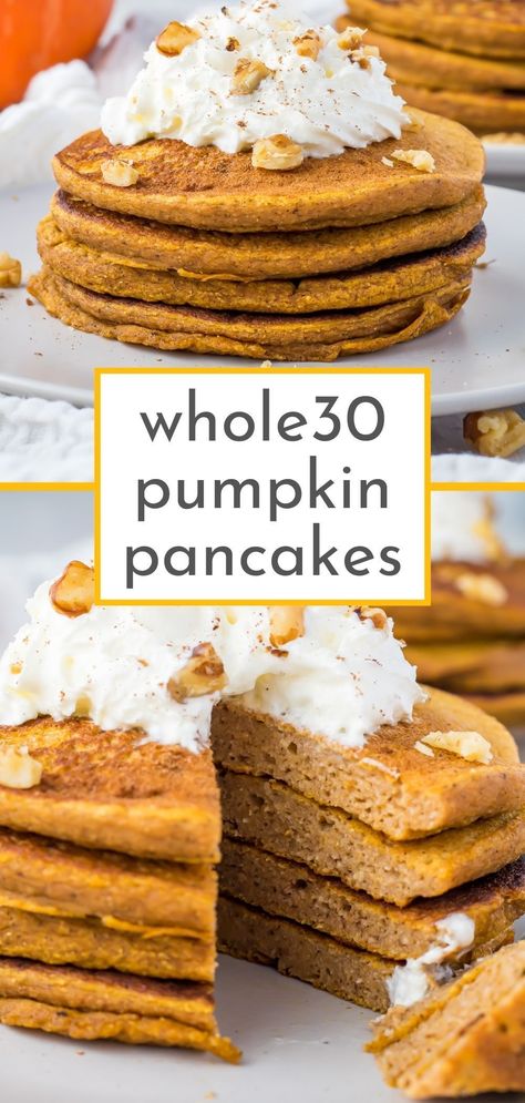 Kickstart your day with these Whole30-compliant pumpkin pancakes. They're the perfect blend of wholesome and delicious, made without any grains, dairy, or sugar. These pancakes prove that you can stick to your Whole30 goals and still indulge in the cozy flavors of fall. They're not just good for you, they're a delicious way to stay on track with your health goals. Perfect for a nutritious, satisfying breakfast that'll keep you fueled all morning. Whole 30 Pumpkin Pancakes, Whole30 Pumpkin Recipes, Paleo Breakfast Bake, Whole 30 Breakfast Ideas Easy, Aip Pumpkin Pancakes, Whole30 Winter Recipes, Whole 30 Quick Breakfast, Pumpkin Whole 30 Recipes, Whole 30 Breakfast Easy