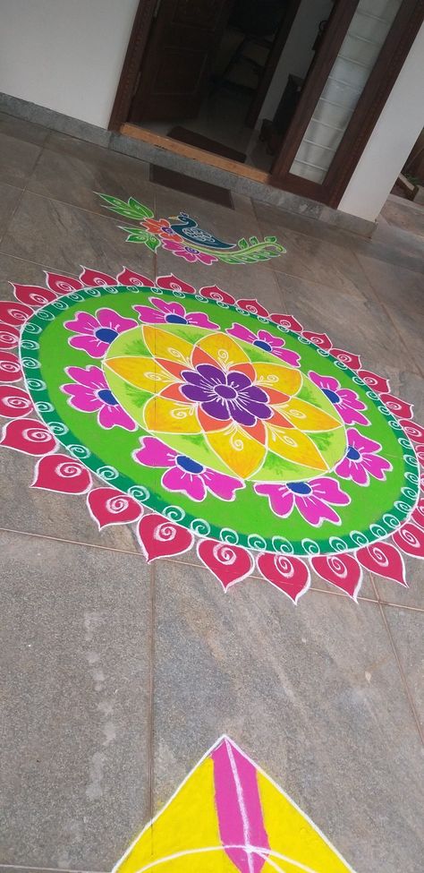 Muggu Designs With Colours, Muggulu Designs With Colours, Sankranthi Designs, Sankranthi Muggulu With Colours, Sankranthi Muggulu Indian Rangoli Designs, Muggulu Design Simple With Colors, Free Hand Rangoli Designs With Colours, Rangoli Kolam Designs With Colour, Beautiful Rangoli Designs Latest