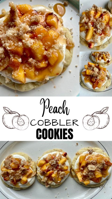 Peach Crumble Pie Cookies, Crumbl Cookie Copycat Peach, Crumbl Peach Cobbler Cookie, Peach Cobbler Butter, Crumbl Cookie Copycat Peach Cobbler, Peach Cobbler Cookies Crumbl, Peach Pie Cookies, Irresistible Peach Cobbler Cookies, Peaches And Cream Cookies