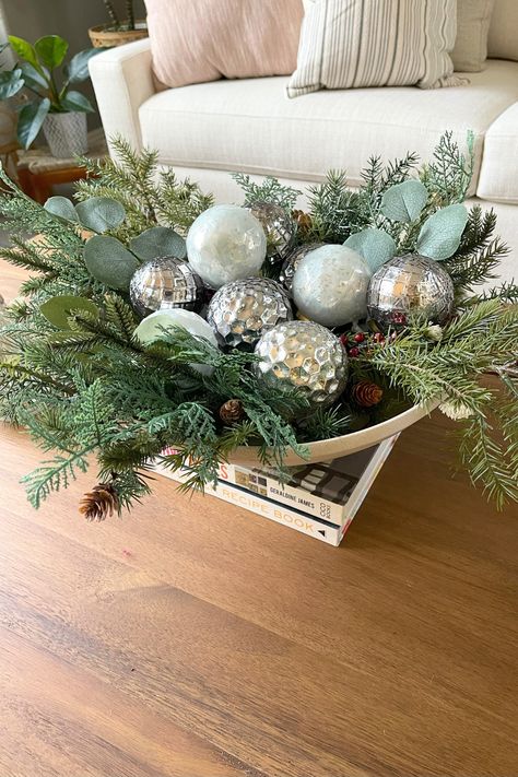 14 CHARMING CHRISTMAS CENTERPIECES IDEAS TO ELEVATE YOUR HOLIDAY DECOR - My Blissful Corner Christmas Ornaments In A Bowl, Bowl Of Ornaments Centerpieces, Christmas Tabletop Decor Centerpiece Ideas, Christmas Ornament Centerpieces, Ornaments In A Bowl, Tray Centerpiece Ideas, Christmas Tree Ideas Diy, Brown Christmas Decor, Christmas Centerpieces Ideas