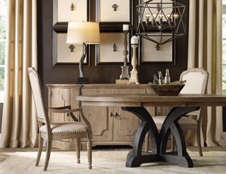 Loft Luxe - Factory Style Meets Classic Elegance.  Cool table. Round Dining Table Sets, Casual Dining Rooms, Plywood Furniture, Contemporary Dining, Hooker Furniture, World Of Interiors, Elegant Dining, Top Trending, Room Art