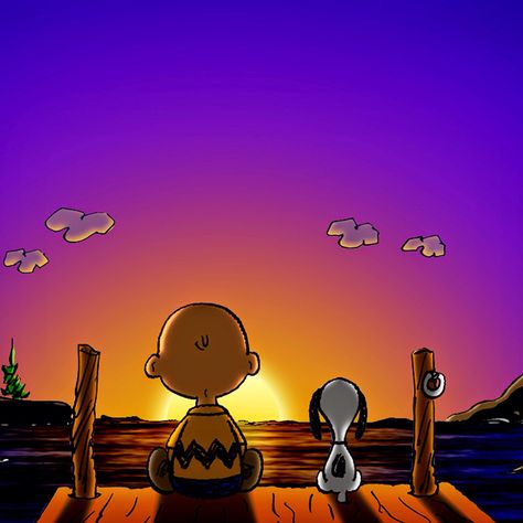 Charlie Brown & Snoopy - Sunset at the dock. Cartoon Sunset, Summer Snoopy, Charlie Brown Wallpaper, Peanuts Wallpaper, Charlie Brown Characters, Peanuts Charlie Brown Snoopy, Snoopy Cartoon, Snoopy Funny, Buku Harry Potter