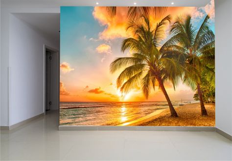 Easy and Affordable Oil Painting on Canvas for Beginners at $110 80s Art Deco Interior, Tropical Beach Wallpaper, Sea Murals, Ocean Mural, Townhouse Ideas, Art Wall Mural, 80s Art Deco, Beach Wall Murals, Wallpaper Ocean