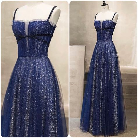 Starry Night Dance Theme Dress, Long Navy Blue Dress Formal Sparkle, Navy Blue Celestial Dress, Navy Blue Beaded Dress, Navy Star Dress, Prom Dresses Starry Night Theme, Dark Blue And Silver Dress, Galaxy Bridesmaid Dress, Midnight Blue Prom Dress Corset