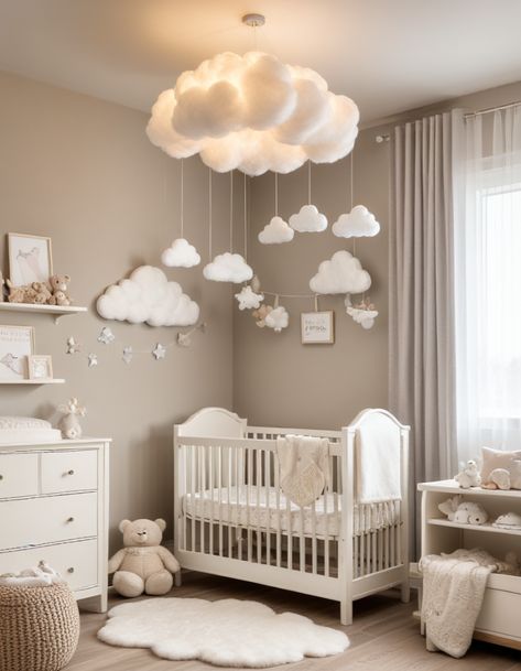 53 Baby Nursery Ideas To Create The Perfect Space For Your Little One Cloud Light Nursery, Small Nursery Themes, Clouds In Nursery, Baby Girl Nursery Room Ideas Neutral, Sloped Ceiling Nursery Ideas, Cloud Baby Room Ideas, In The Clouds Nursery, Heaven Nursery Theme, Baby Nursery Hot Air Balloon