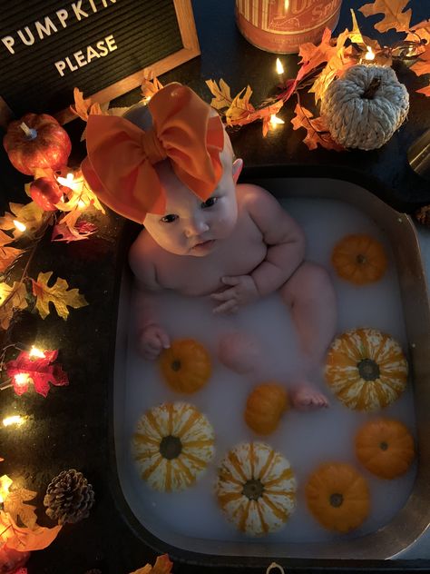 Fall Milk Bath, Fall Baby Photos, Baby Milk Bath, Milk Bath Photos, Fall Baby Pictures, Bath Pictures, 7 Month Old Baby, Milk Bath Photography, Baby Milestones Pictures