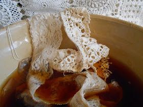 living from glory to glory: How To Tea-Stain Or Dye Lace And Linens Naturally... From Glory To Glory, Glory To Glory, Tea Dyed Fabric, Doily Crafts, Dried Flowers Crafts, Shabby Chic Lamp Shades, Doilies Crafts, Black Tea Bags, Lace Runner