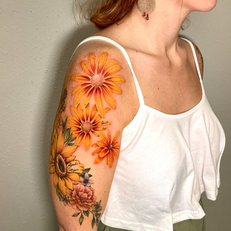 Rudbeckia Cherokee Sunset tattoo, by ArtbyAl777 at Dark Age Tattoo Studio, Denton, TX Rudbeckia Tattoo, Dark Age Tattoo, Age Tattoo, Sunset Tattoo, Sunset Tattoos, Dark Ages, Dreamcatcher Tattoo, Tattoo Studio, Watercolor Tattoo