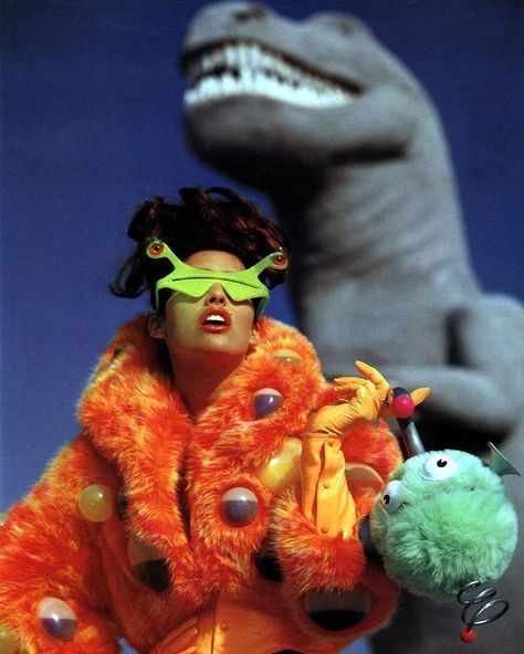 Shana Zadrick in Thierry Mugler Ensemble.⠀ Photographed by the designer for ELLE, 1991.⠀ ⠀ #thierrymugler #mugler #shanazadrick #zadrick… Shana Zadrick, Gilles Bensimon, Elle Us, Goggles, Orange, Green, Animals