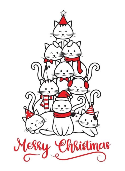 Christmas Cat Drawing Easy, Christmas Cat Card, Cat Christmas Cards, Merry Christmas Cat, Something Funny, Cat Christmas Tree, Christmas Card Art, Funny Christmas Cards, Cat Crafts