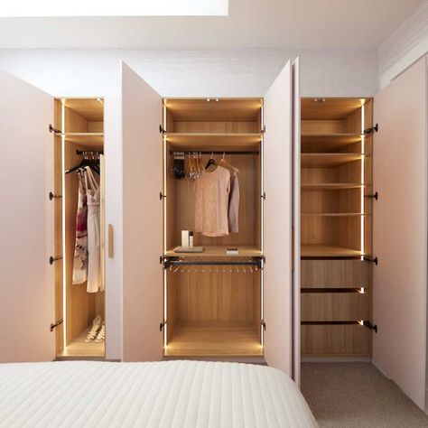 Oak Walk In Wardrobe, Oak Wardrobe Bedroom, Oak Fitted Wardrobes, Cashmere Shaker Wardrobe Doors, Guest Wardrobe, Wardrobe Led Lights, Fitted Wardrobe Doors Oak, White Profile, Pink Wardrobe