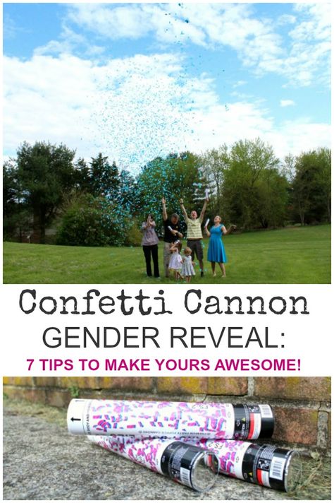 Confetti canon gender reveal party: 7 tips to make yours awesome! Plus the link to the confetti poppers we used, and why we chose them. #genderreveal #genderrevealideas Cannon Gender Reveal, Confetti Cannon Gender Reveal, Gender Reveal Poppers, Sibling Gender Reveal, Simple Gender Reveal, Confetti Cannon, Gender Reveal Announcement, Gender Reveal Photos, Confetti Gender Reveal