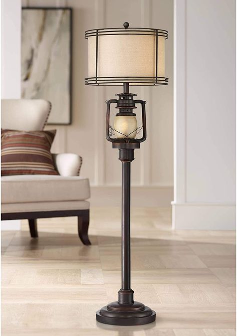 Henson Rustic Industrial Floor Lamp with Nightlight Glass Bronze Earthy Fabric Drum Shade for Living Room Reading Bedroom Office - Barnes and Ivy - - AmazonSmile Traditional Cottage Decor, Western Style Decor, Farmhouse Floor Lamps, Rustic Floor Lamps, Rustic Floor, Farmhouse Flooring, Bronze Floor Lamp, Traditional Floor Lamps, Industrial Floor Lamps