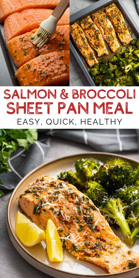 This easy Sheet Pan Salmon and Broccoli is the perfect flavor-packed meal for busy weeknights! Everything bakes in the oven on one pan and is ready in under 30 minutes. It's an easy, keto recipe that is healthy and quick! Sheetpan Salmon And Broccoli, One Pan Salmon And Broccoli, No Carb Sheet Pan Meals, Salmon Recipes Sheet Pan, Salmon And Broccoli Sheet Pan, One Pan Salmon And Veggies, Salmon And Broccoli Recipes, Keto Sheet Pan Recipes, Baked Salmon Recipes Oven