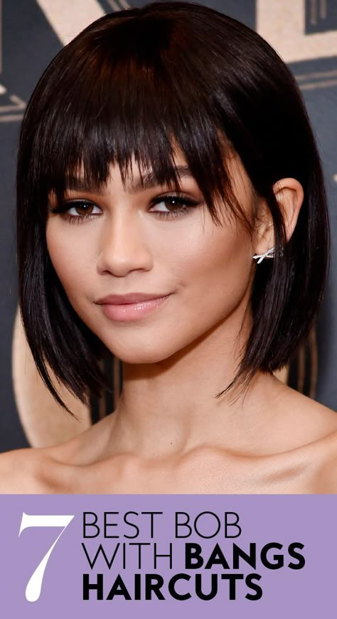 If you've saved a screenshot of Zendaya's bob with blunt bangs or Kate Hudson's pixie cut with angled, side-swept bangs—but don't know if either look will work for you—read on for the seven best celebrity versions for every face shape.#naturalhair #naturalhairtips #hairtips #instyle #hairstyling Bob Hair With Bangs Round Face, Short Hair With Bangs For Square Face, 2023 Bobs With Bangs, Side Short Bangs, Styling A Bob With Bangs, Womens Bob With Bangs, Bob W Bangs Hairstyles, Cool Bob Haircut Bangs, Bobbed Hair With Bangs