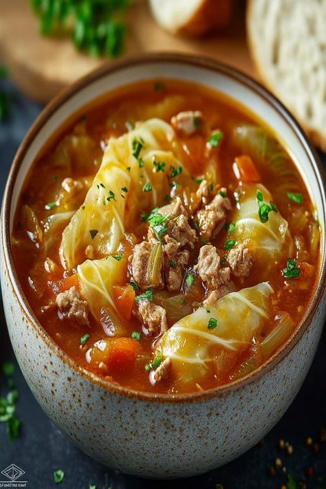 Delicious Cabbage Roll Soup Recipe Cabbage Noodle Soup, Stuffed Cabbage Roll Soup, Korean Cabbage Soup, Cabbage Roll Soup Recipe, Stuffed Cabbage Soup, Easy Cabbage Rolls, Sweet And Sour Cabbage, Crockpot Soups, Keto Soups