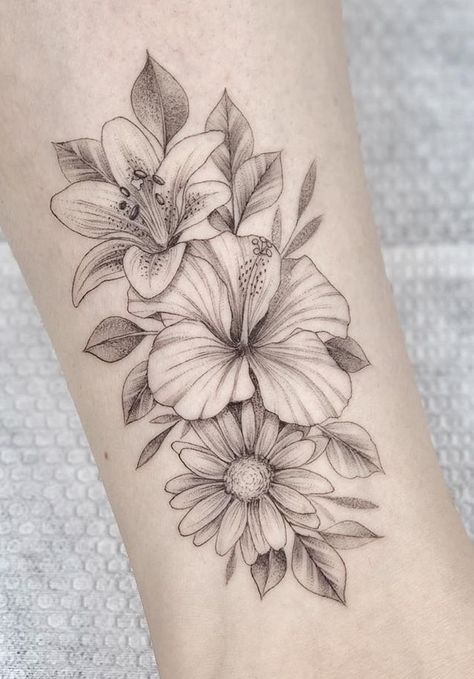 Hibiscus Floral Tattoo, Lily Hibiscus Tattoo, Hibiscus Forearm Tattoo Women, Hibiscus And Lily Flower Tattoo, Hibiscus And Lily Tattoo, Tattoo Ideas With Flowers, Back Arm Flower Tattoo, Lily Rose Hibiscus Tattoo, Flowers Tattoo Design For Women