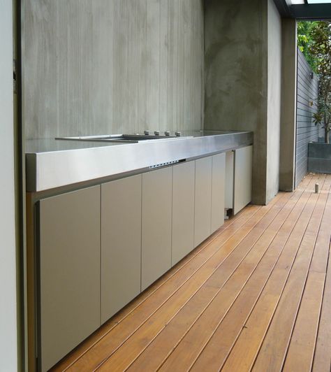 GELOSA customized BBQ - Finished with a Satin Polyurethane that can match any colour and a Stainless Steel benchtop Stainless Steel Benchtop, Stainless Steel Bench, Exterior Kitchen, Outdoor Bbq Area, Dirty Kitchen, Shed Home, Stainless Steel Counters, Concrete Bench, Bbq Island