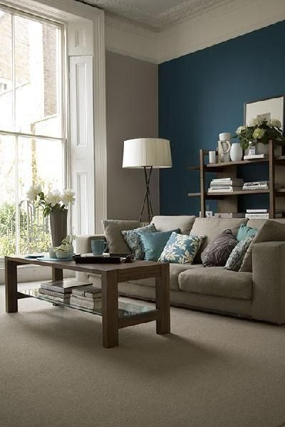 mixture of taupe sofa like mine with blues in cushions - wall colour good colour to pick up on in formal lounge?? Teal Accent Walls, Teal Living Rooms, Blue Accent Walls, Living Room Color Schemes, Room Color Schemes, Home Design Living Room, Blue Living Room, Design Del Prodotto, Living Room Colors