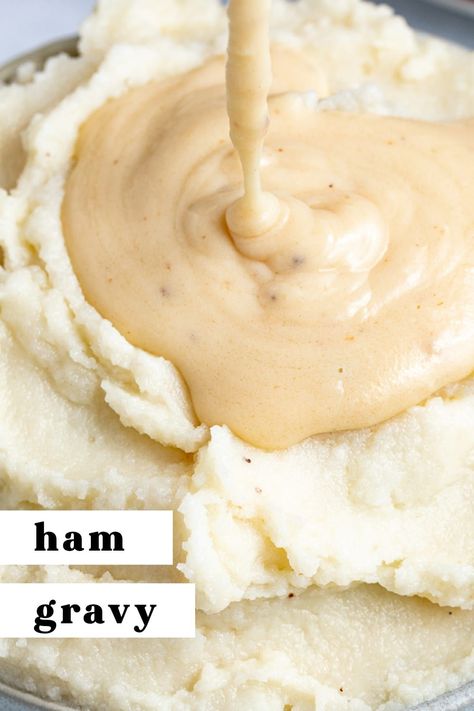 This creamy ham gravy is incredibly rich and flavorful! Made with just four ingredients, this side dish couldn't be any easier to make. Finish off your plate of ham and mashed potatoes with a generous pour of this delicious ham gravy. Mashed Potatoes And Ham, Ham Gravy Without Drippings, Ham Gravy From Drippings, Gravy For Ham, Ham And Mashed Potatoes, Ham Gravy Recipe, Easy Homemade Gravy, Ham Gravy, Gravy Master