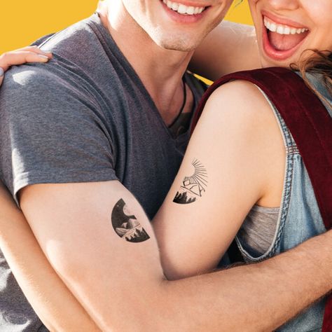 Sun & Moon Nature Couples Temporary Tattoo. 🌞🌙💑 This enchanting tattoo set is perfect for all nature lovers and couples who want to celebrate their connection. 🌿🌌 Each set includes beautifully designed temporary tattoos featuring a unique combination of a day landscape and a night landscape. One half showcases a vibrant sunlit scene, while the other half captures the serenity and mystique of the moonlit night. Together, they symbolize the balance and harmony of nature's cycles. Whether you're... Couple Tattoos Half And Half, Day Landscape, Moon Nature, Moonlit Night, Matching Tattoo, Night Landscape, The Other Half, Tattoo Set, Other Half