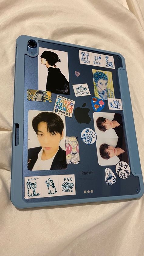 Sticker On Ipad Case, Blue Ipad Case Aesthetic, Ipad Air Blue Aesthetic, Blue Case Aesthetic, Ipad Air Case Aesthetic, Ipad Blue Aesthetic, Ipad Case Deco, Kpop Ipad Layout, Ipad Stickers Case