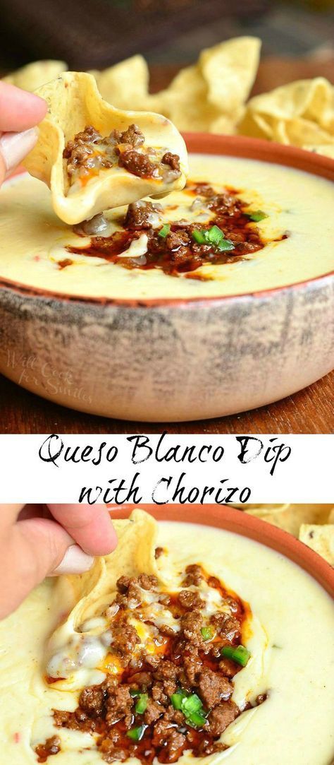 Queso Blanco Dip with Chorizo | from willcookforsmiles.com #cheese #appetizer #fingerfood Dip With Chorizo, Queso Blanco Dip, Cheese Appetizer, Queso Dip, Party Dips, Football Food, Snacks Für Party, Latin Food, Yummy Dips