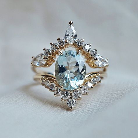 TIPPY TASTE on Instagram: “Where dreams collide 💫the “Ciara ring” (top) and the “All A Dream Aquamarine ring”. Featuring a natural pastel blue Aquamarine handcrafted…” Aquamarine Cluster Engagement Ring, Oval Aquamarine Ring, Aquamarine Engagement Ring Vintage, Aquamarine Gold Ring, Aquamarine Wedding Ring, Magic Academy, Fantasy Ring, Fall Rings, Future Engagement Rings