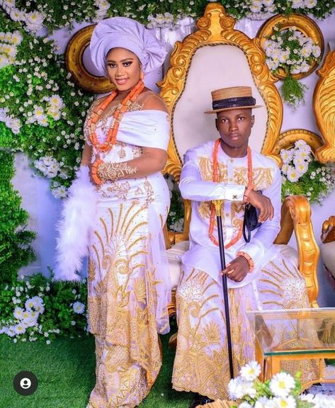 First Outing For Traditional Marriage, Traditional Attire African Couples, Traditional Attire African, Wrapper Skirt, George Styles, Gold Dresses Long, Saved Videos, African Head Dress, Thanks For Your Order