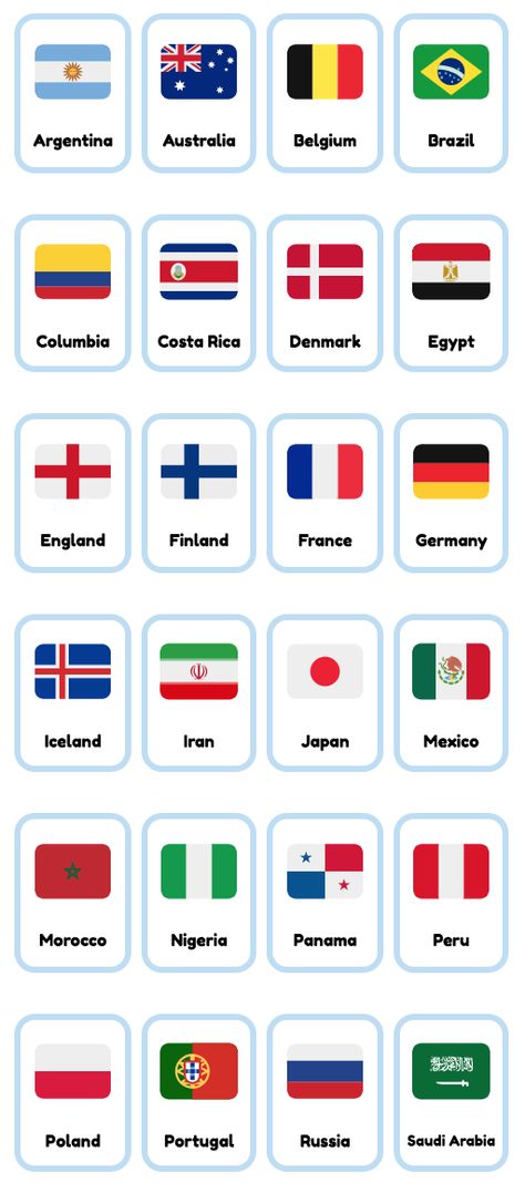 Printable World Cup 2018 country flag flashcards for ESL / English teaching. Free and printable! Different Countries Flags, World Flags With Names Printable, Flag Printables Free, All Countries Flag With Name, Flags Of The World Printable Free, Country Flags Of The World Printable, French Flashcards Printable Free, Santa Cruz Wallpaper, Fantasy Forest Wallpaper