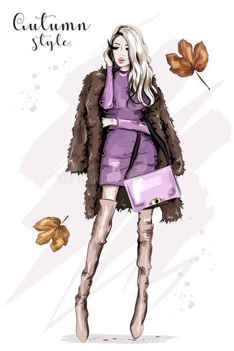 Stylish young woman in fur jacket holding bag. royalty free illustration Holding Bag Pose, Fur Jacket Outfit, Ladies Design, Girl Painting, Png Art, Drawing Bag, Fluffy Jacket, Fur Sweater, Fashion Illustration Sketches