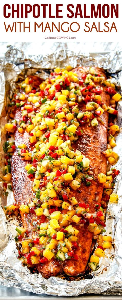 Salmon With Mango Salsa, Chipotle Salmon, Salmon With Mango, Mango Salsa Salmon, Fresh Mango Salsa, Salmon In Foil, Mango Salsa Recipes, Carlsbad Cravings, Healthy Salmon