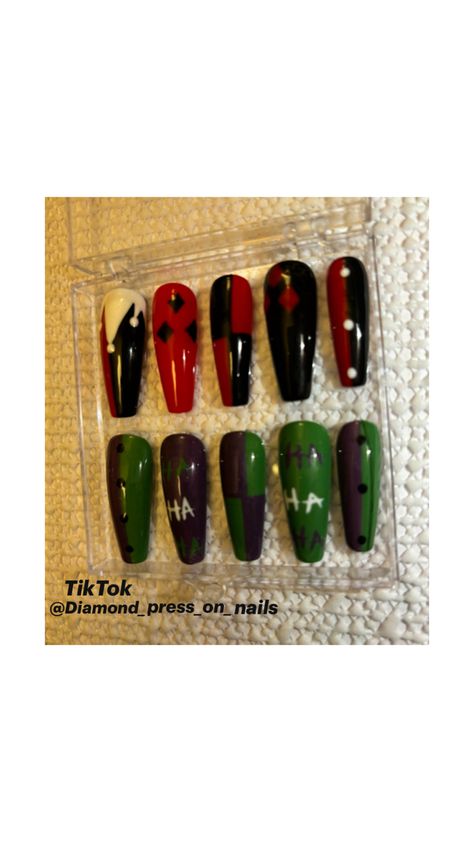 Handmade press on nails for 18 dollars check out my TikTok at @diamond_press_on_nails Gel Manicure Designs, Queen Nails, Edgy Nails, Manicures Designs, Joker And Harley Quinn, Gel Manicure, Halloween Nails, Wall Art Painting, Harley Quinn