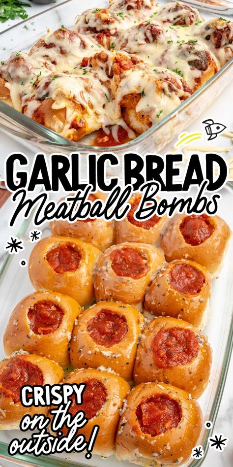 Garlic Bread Meatball Bombs Superbowl Meatball Recipes, Quick Meatball Subs, Meatballs On Garlic Bread, Meatballs And Potato Slices, Dinner Roll Meals, Meatballs In Crescent Rolls, Open Face Meatball Subs, Meatball Sandwiches Recipes, Cheap Italian Meals