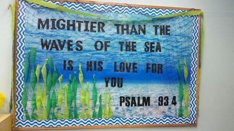 Ocean bulletin board … Under The Sea Christian Bulletin Board, School Beach Theme Bulletin Boards, Ocean Themed Bulletin Boards Preschool, Vbs Bulletin Board Ideas, Summer Christian Bulletin Boards, Bible Verse Bulletin Boards, Summer Church Bulletin Boards, Ocean Themed Bulletin Boards, Under The Sea Bulletin Board Ideas