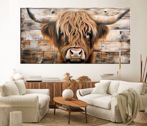 Highland Cow Canvas Art - Rustic Farmhouse Decor, Large Wall Art with Brown Bull on Wood Background, Modern Country Home Decor md91 Modern Country Home Decor, Modern Country Home, Detailed Portrait, Cow Kitchen, Highland Cow Canvas, Decor Large Wall, Textured Wood, Rustic Aesthetic, Highland Cows