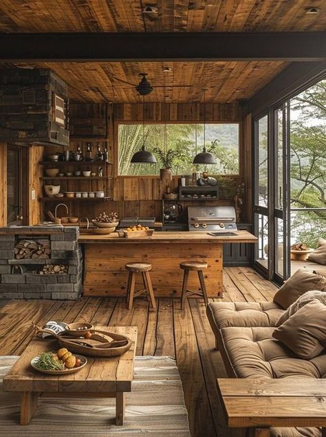 Aesthetic Log Cabin, Wooden Cabin Aesthetic, Log Cabin Pool House, Cabin In The Woods Aesthetic Dark Interior, Log Cabin With Chinking Exterior, Rustic Kitchen Design, Cabin Kitchens, Cabin Interiors, Rustic Home Design