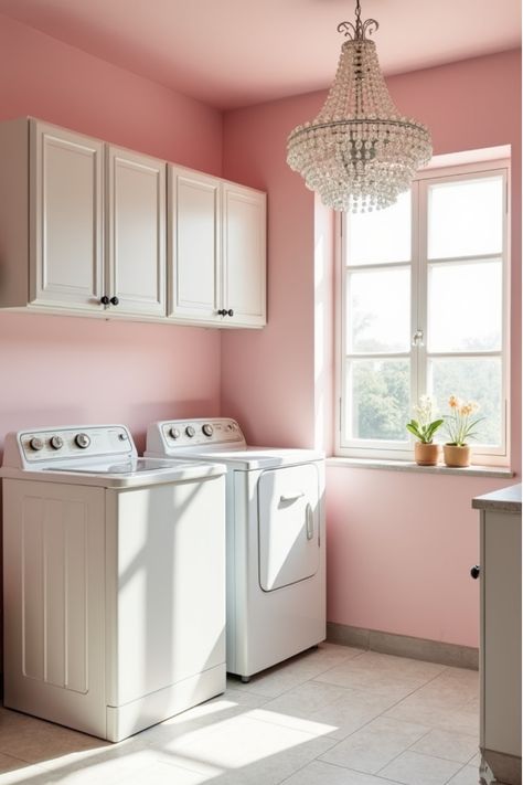 Vintage-inspired pink laundry room with antique white cabinets and crystal light Lilac Laundry Room, Pink Laundry Room, Soft Pink Walls, Laundry Room Color, Pink Laundry Rooms, Laundry Room Colors, Beautiful Color Palettes, Vintage Laundry Room, Laundry Space