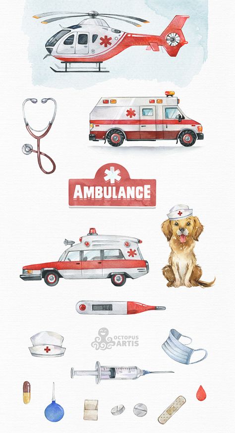 emergency, EMT, paramedic, driver, dog, Cars, equipment, medical care, vehicles, birthday, party, help, aid Emt Drawing, Vehicles Birthday Party, Ambulance Cartoon, Transportation Illustration, Fun Jobs, Comic Reference, School Book Covers, Emt Paramedic, Animals Love