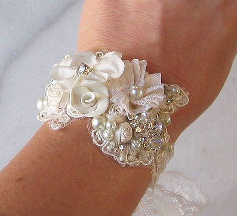 Bridal Cuff, Prom Flowers, Lace Jewelry, Corsage Wedding, Brooch Bouquets, Wrist Corsage, Fabric Cuff, Bridal Bracelet, Wedding Bracelet