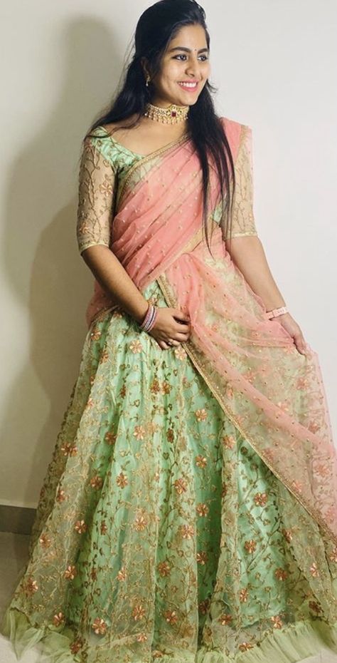 Half Saree Designs Pastel Colours, Pastel Green Lehenga Combinations, Lehenga Colours, Long Frocks For Girls, Gown Dress Party Wear, Bday Dress, Simple Long Dress, Latest Bridal Blouse Designs, Lehenga Saree Design