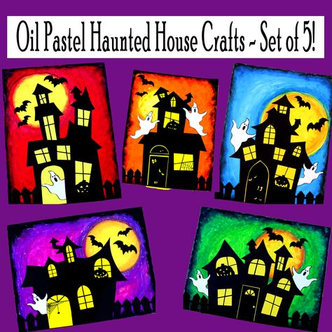 Oil Pastel Haunted House Crafts - Set of 5! - Printables 4 Mom Haunted House Drawing For Kids, Haunted House Art Project, Haunted House Crafts, Haunted House Painting, Haunted House Art, Haunted House Drawing, Haunted House Craft, Halloween Art Projects, October Art