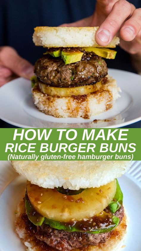 Rice Buns, Beautiful Bun Hairstyles, Gluten Free Hamburger Buns, Rice Burger, Sushi Burger, Bean Burgers, Sauce For Rice, Sushi Sandwich, Mood Food