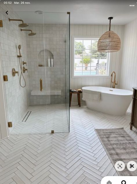 Open Bathroom Concept Master Suite, Shower And Tub Side By Side, Open Bathroom Concept, Herringbone Bathroom, Modern Master Bathrooms, Open Bathroom, Master Bathrooms, Small Bathroom Ideas Modern, Master Bath Remodel